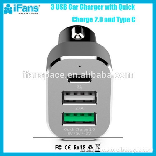 48W Car Charger QC 3.0 Quick Car Charger 3 USB Port Travel Charger 12V Car Battery Charger with USB C Port